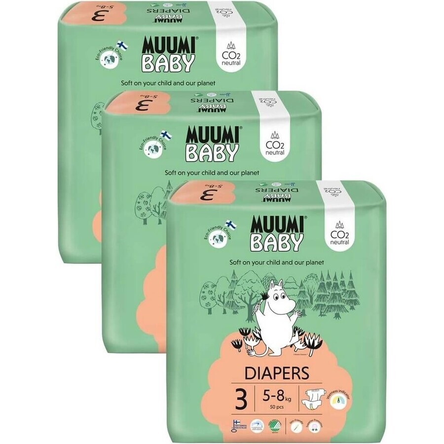 Muumi Baby 3 Midi 5-8 kg, 1×150pcs paquet mensuel de couches bio, ECO Nappies