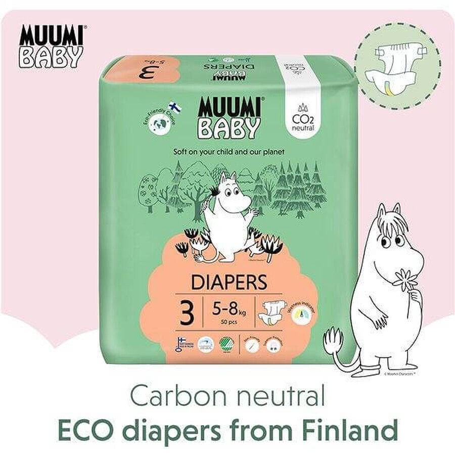 Muumi Baby 3 Midi 5-8 kg, 1×150pcs paquet mensuel de couches bio, ECO Nappies