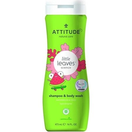 ATTITUDE Baby sapone per il corpo e shampoo (2 in 1) Piccole foglie al gusto di melone e cocco 1×473 ml, sapone per il corpo e shampoo per bambini