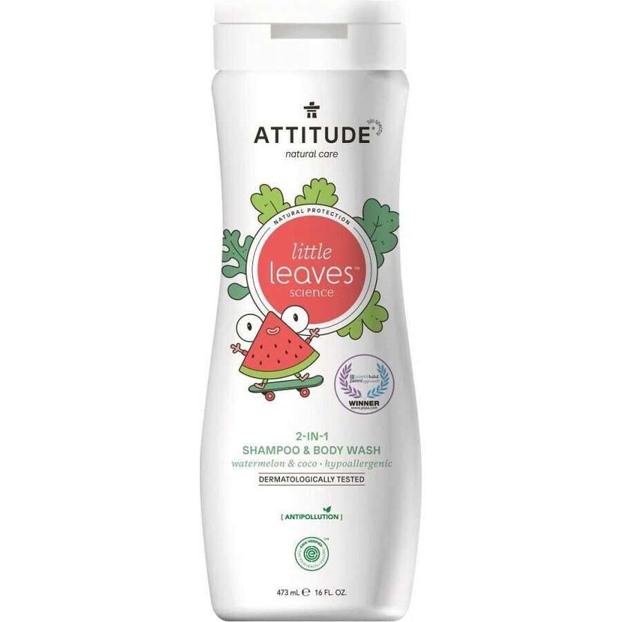 ATTITUDE Baby sapone per il corpo e shampoo (2 in 1) Piccole foglie al gusto di melone e cocco 1×473 ml, sapone per il corpo e shampoo per bambini