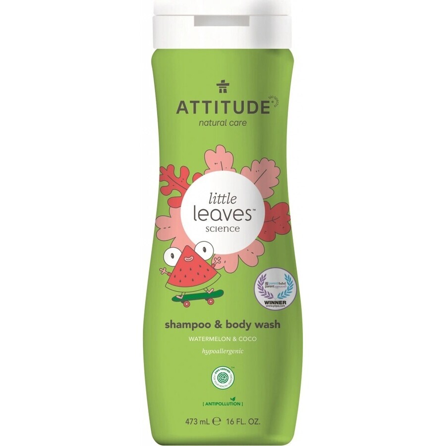 ATTITUDE Baby sapone per il corpo e shampoo (2 in 1) Piccole foglie al gusto di melone e cocco 1×473 ml, sapone per il corpo e shampoo per bambini