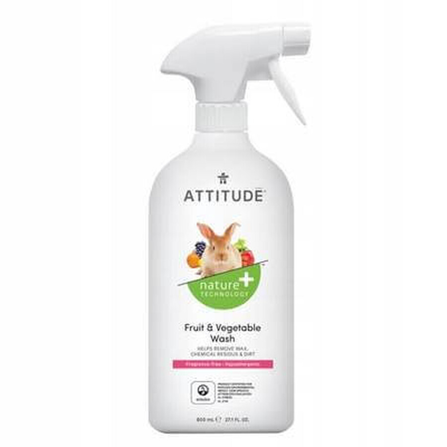 ATTITUDE Detergente sin perfume para frutas y verduras en spray 1×800 ml , detergente para frutas