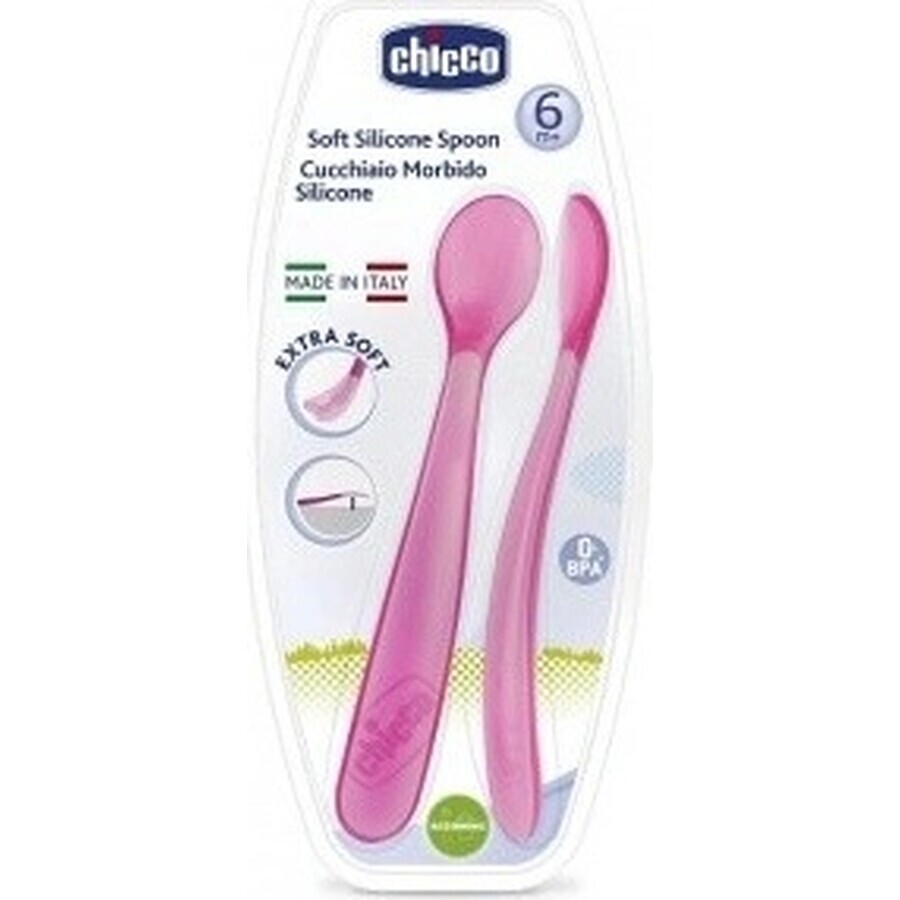 CHICCO Siliconenlepel 2 stuks roze 6m+ 1×1 stuks, 2 stuks roze 6m+ 1×1 stuks, zacht voor baby's tandvlees