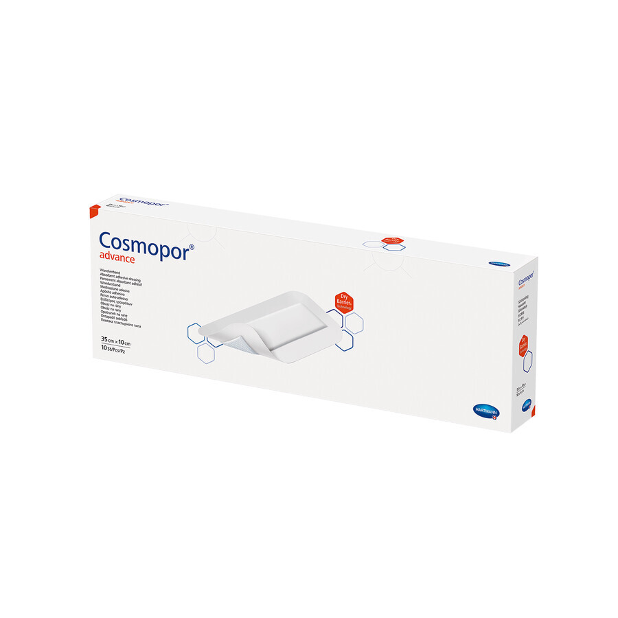 Cosmopor Advance, apósito para heridas y cortes con exudado fuerte, autoadhesivo, estéril, 35 cm x 10 cm, 10 piezas