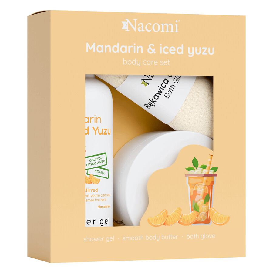 Set Nacomi Mandarin & Iced Yuzu, gel doccia 300 ml + burro corpo 100 ml + guanto da bagno