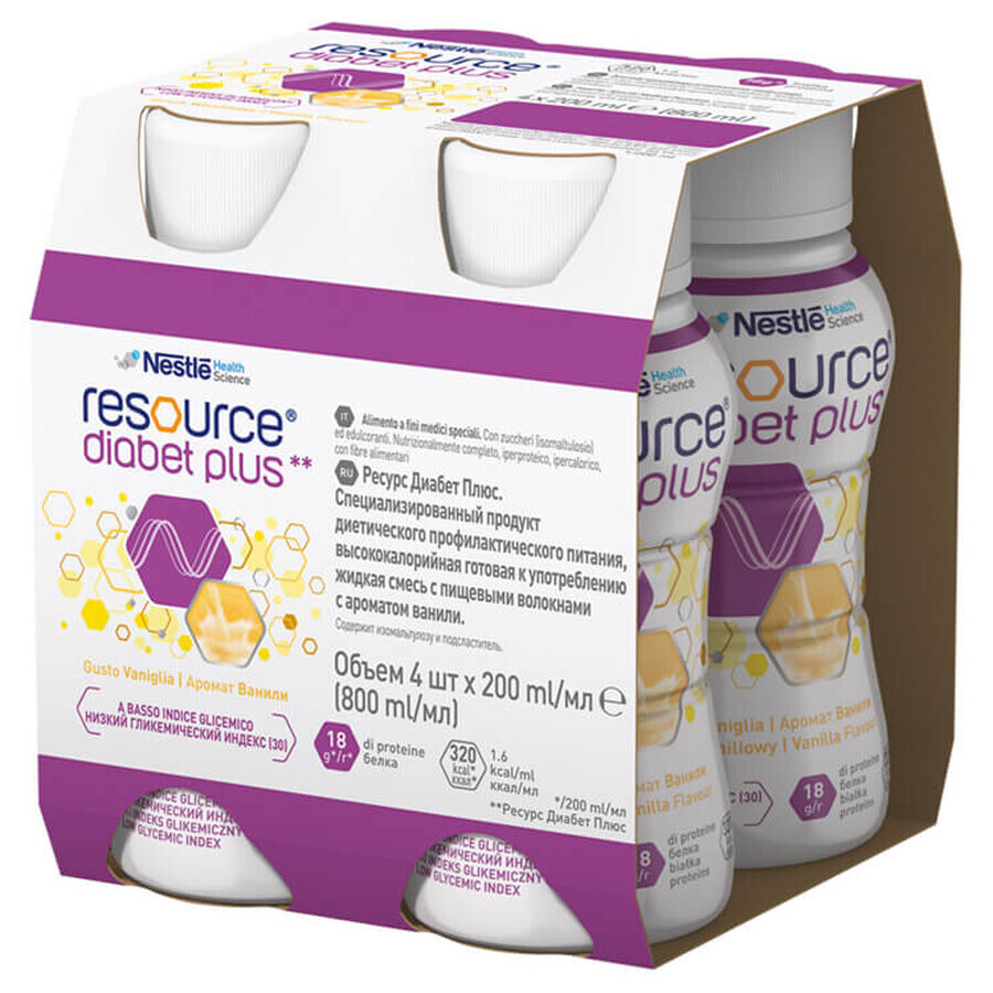 Resource Diabetes Plus, gusto vaniglia, 4 x 200 ml + Borsa della spesa in omaggio