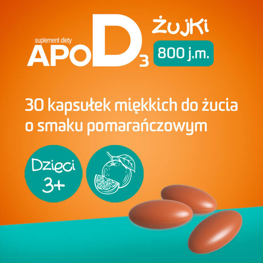 Set ApoD3 Chews, vitamina D3 800 UI pentru copii peste 3 ani, aromă de portocale, 3 x 30 capsule moi masticabile