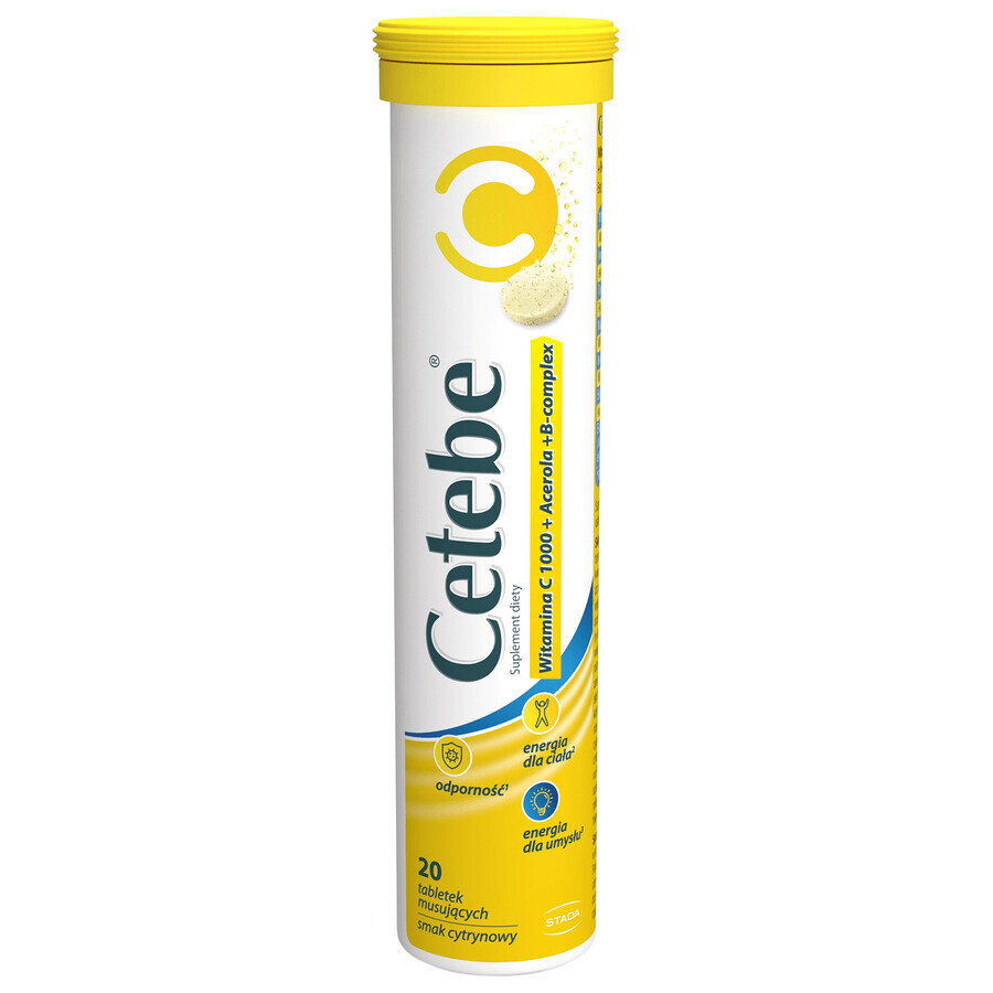 Cetebe Vitamine C 1000 + Acérola + B-complex, goût citron, 20 comprimés effervescents