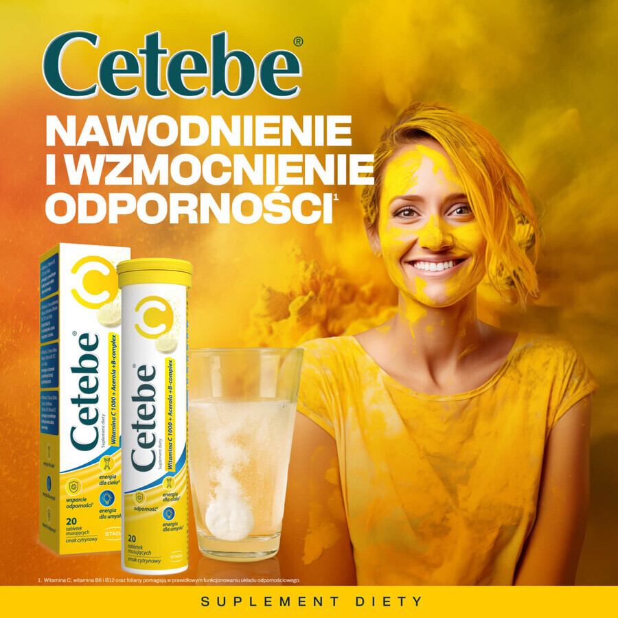 Cetebe Vitamine C 1000 + Acérola + B-complex, goût citron, 20 comprimés effervescents