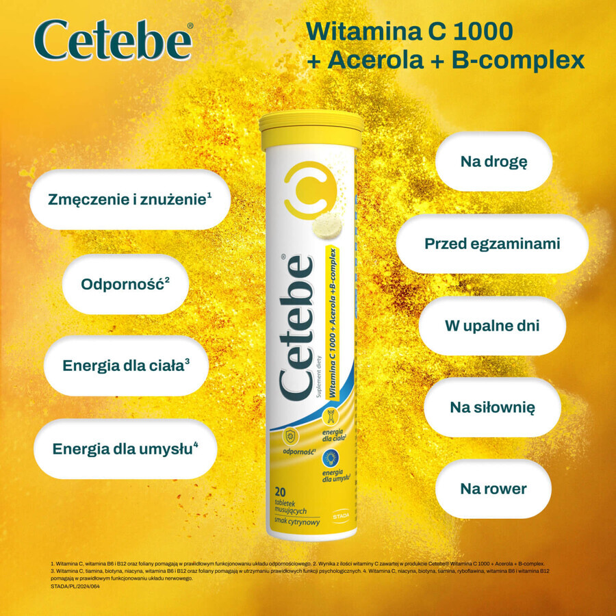 Cetebe Vitamine C 1000 + Acérola + B-complex, goût citron, 20 comprimés effervescents