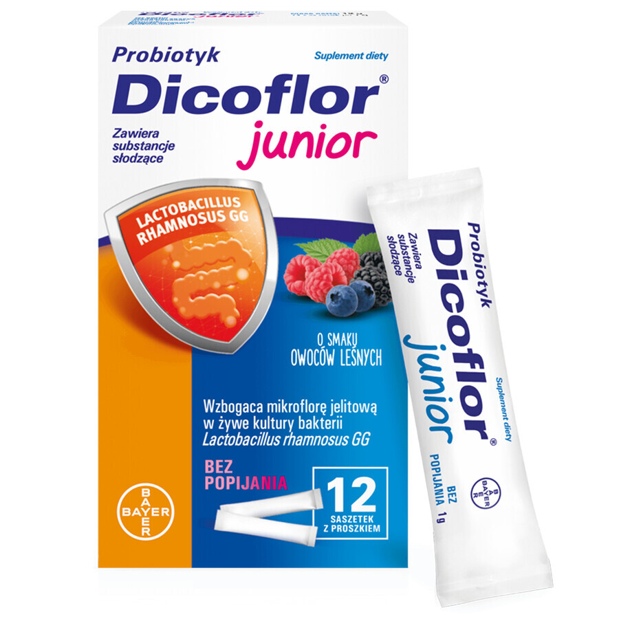 Dicoflor Junior, pentru copii de la 3 ani și adulți, aromă de fructe de pădure, 2 x 12 pliculețe