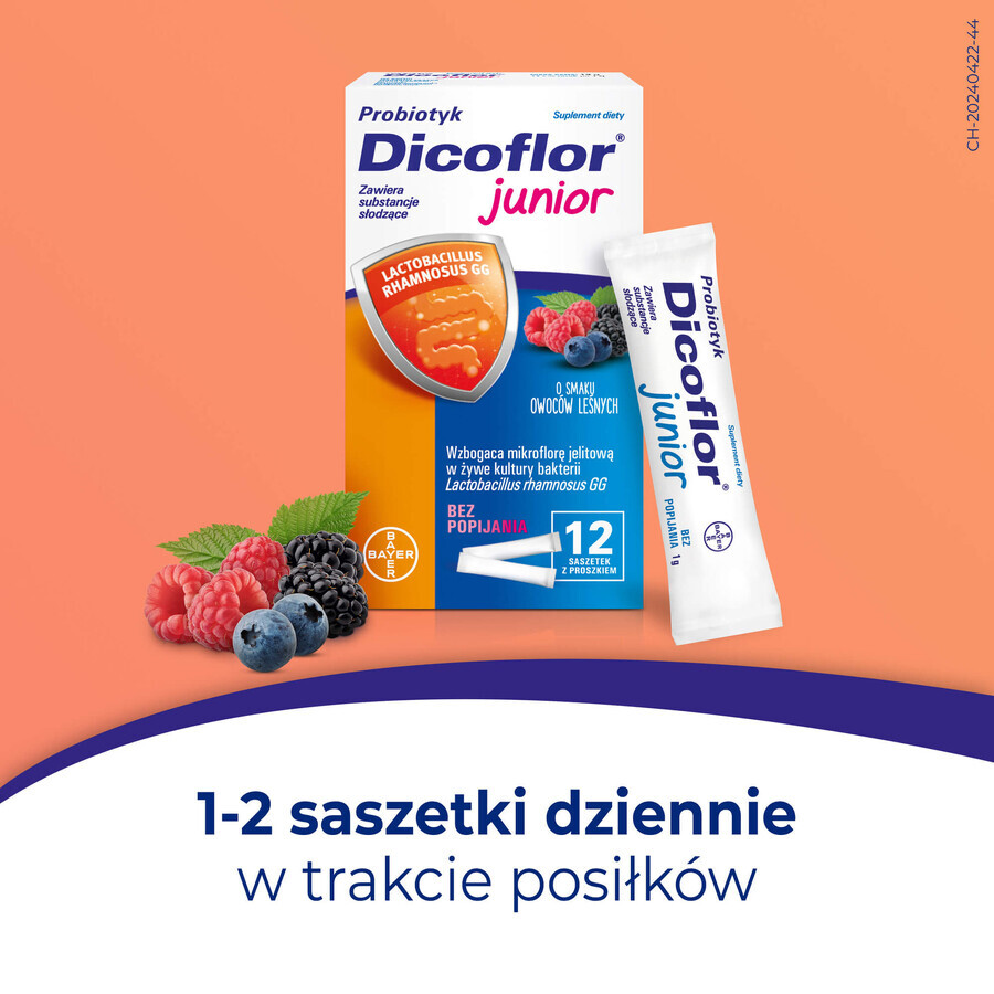 Dicoflor Junior, pentru copii de la 3 ani și adulți, aromă de fructe de pădure, 2 x 12 pliculețe