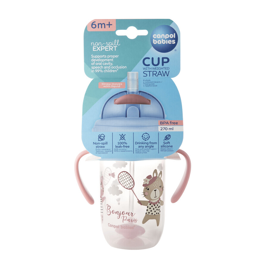 Set Canpol Babies, cană fără picurare cu tub și greutate, Bonjur Paris, roz, de la 6 luni, 270 ml + tub siliconic fără picurare cu greutate, gri, 1 bucată pentru 1 penny