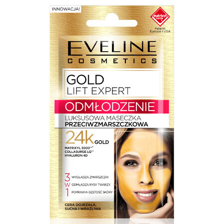 Eveline Cosmetics Gold Lift Expert Rejuvenation, maschera antirughe di lusso con oro 24k, 7 ml