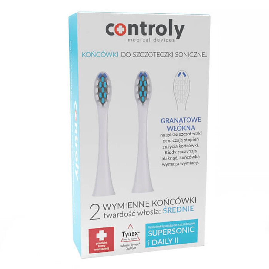 Controly, replacement tips for Supersonic and Daily II sonic toothbrush, white, medium, 2 pieces