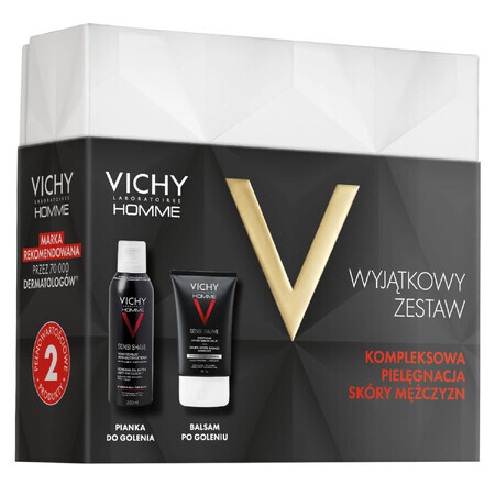 Set de bărbierit Vichy Homme Sensi, spumă de bărbierit blândă anti-iritantă, 200 ml + balsam aftershave calmant pentru piele sensibilă, 50 ml