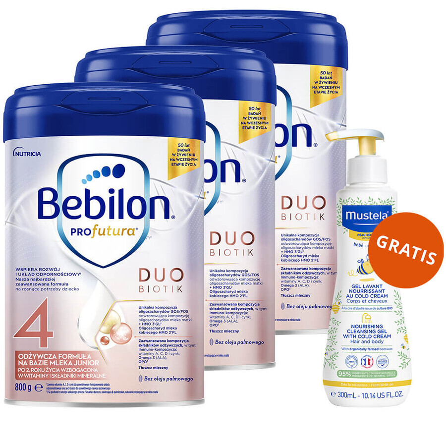 Set Bebilon Profutura DuoBiotik 4, formulă hrănitoare pe bază de lapte, după 2 ani, 3 x 800 g + Mustela Bebe Enfant, gel de spălare hrănitor, 300 ml gratuit