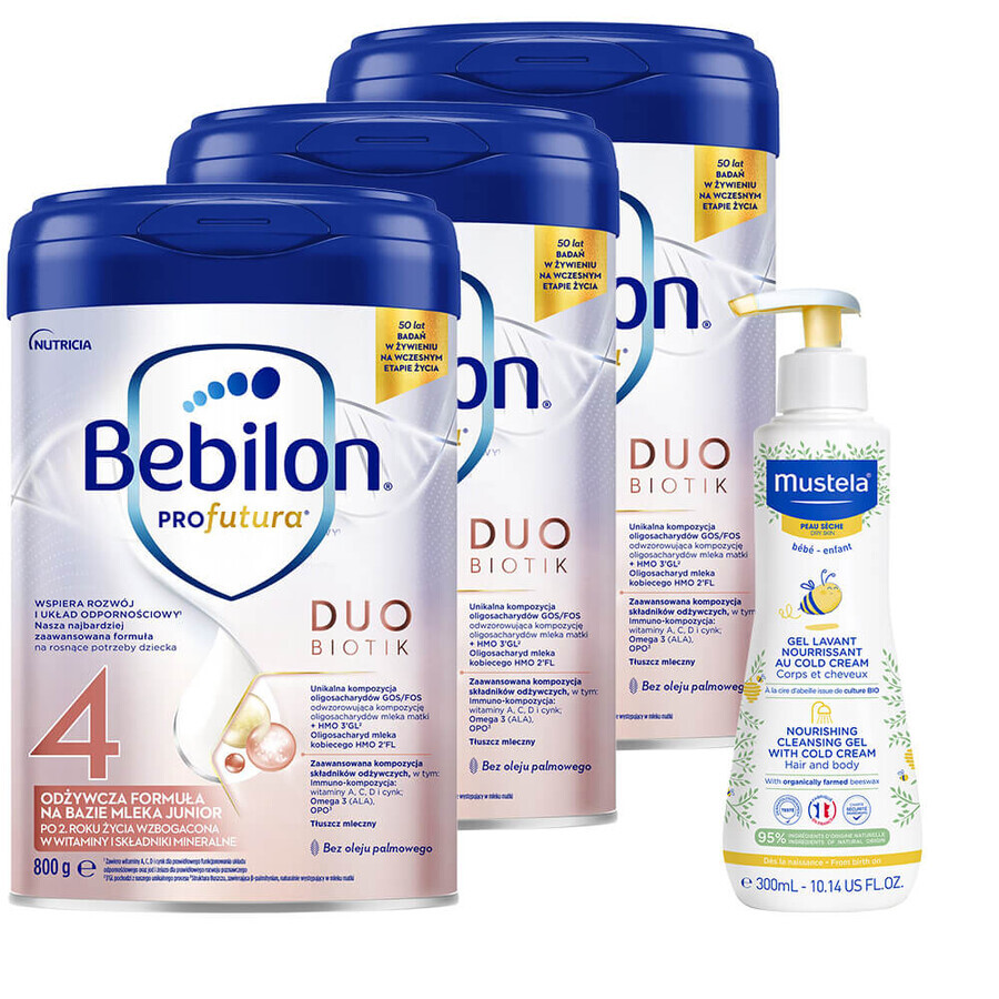 Set Bebilon Profutura DuoBiotik 4, formulă hrănitoare pe bază de lapte, după 2 ani, 3 x 800 g + Mustela Bebe Enfant, gel de spălare hrănitor, 300 ml gratuit