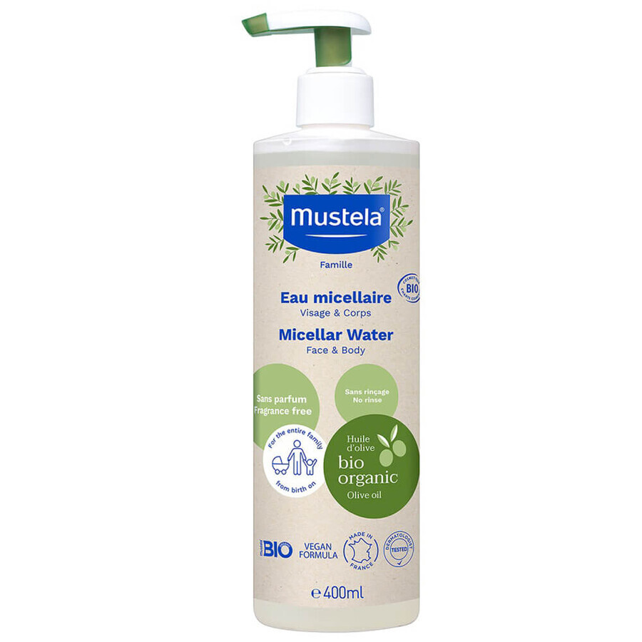 Mustela Bio set, reinigingsgel voor lichaam en haar, 400 ml + micellair water, niet uitspoelen, 400 ml + gratis bamboe luier