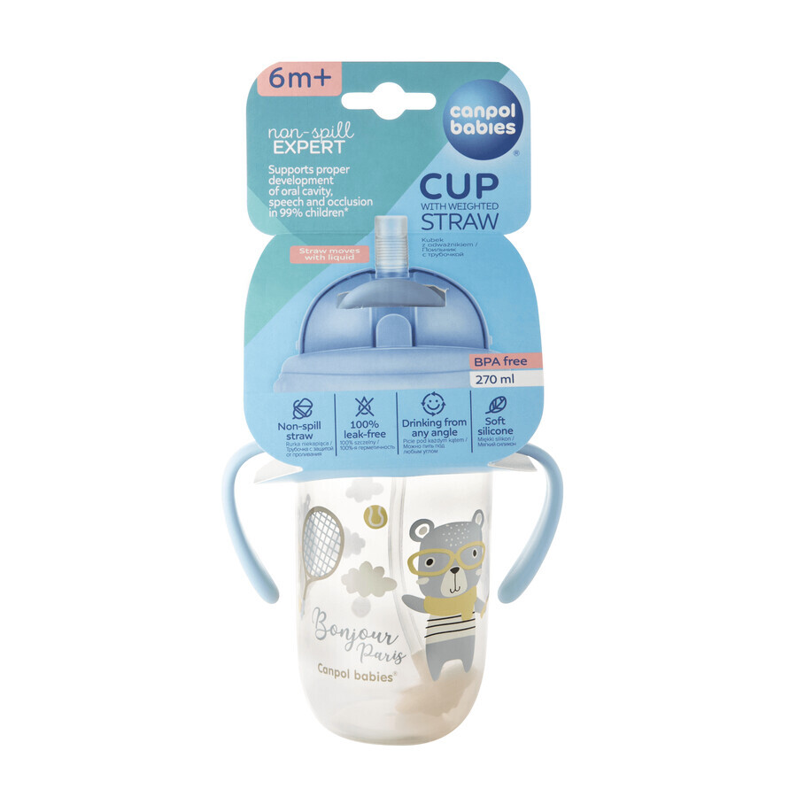 Set Canpol Babies, cană fără picurare cu tub și greutate, Bonjur Paris, albastru, de la 6 luni, 270 ml + tub siliconic fără picurare cu greutate, gri, 1 bucată pentru 1 penny