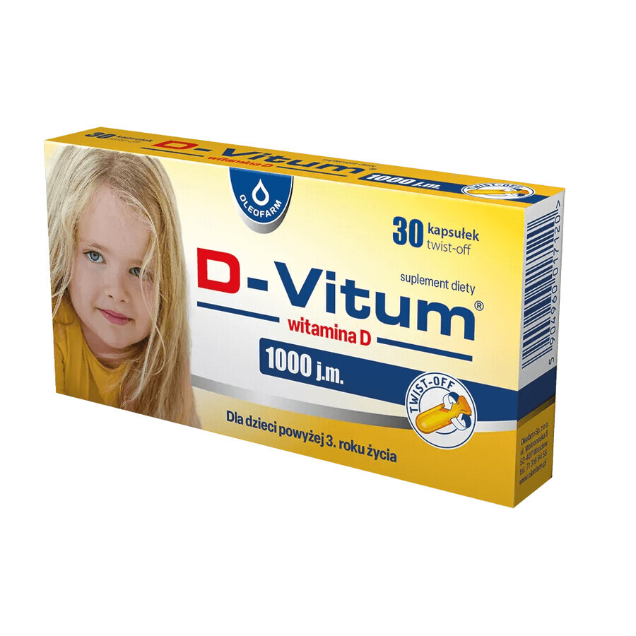 D-Vitum 1000 UI, vitamina D pentru copii de la 1 an, 30 de capsule twist-off