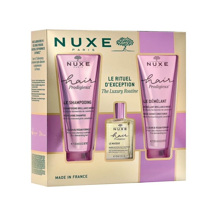 Set Nuxe Hair Prodigieux, mască nutritivă, 30 ml + șampon strălucitor, 200 ml + balsam strălucitor, 200 ml