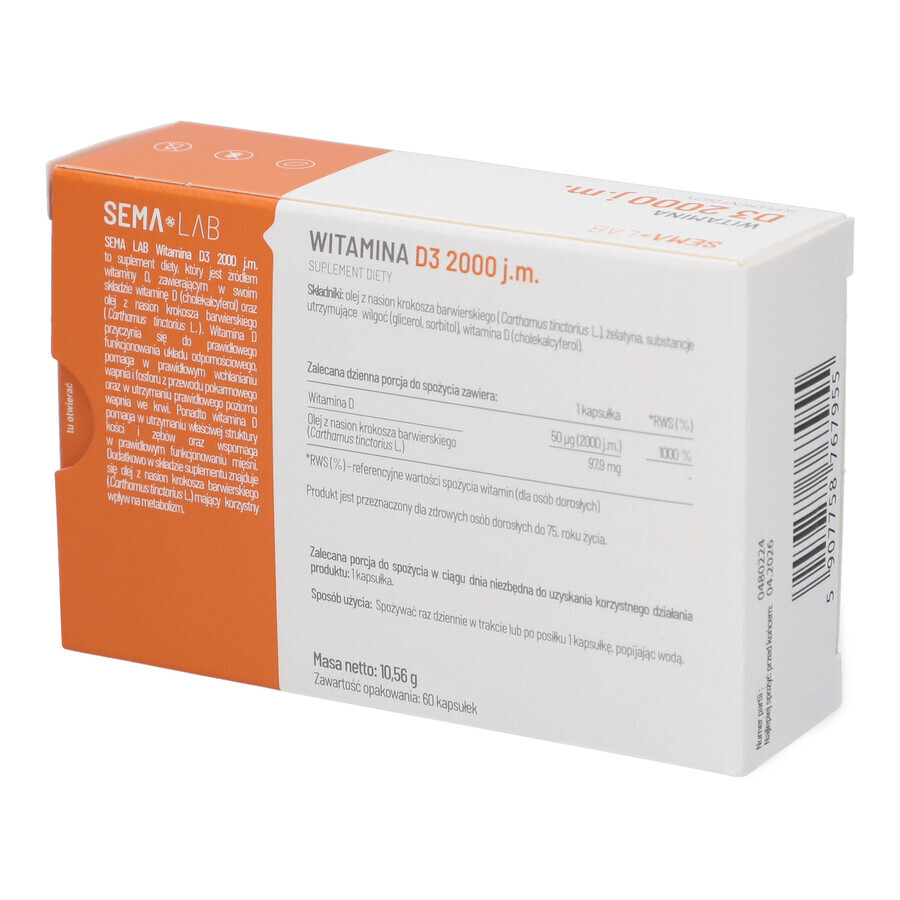 SEMA Lab Vitamin D3 2000 IU, 60 softgels, 60 softgels BOX IN BOX