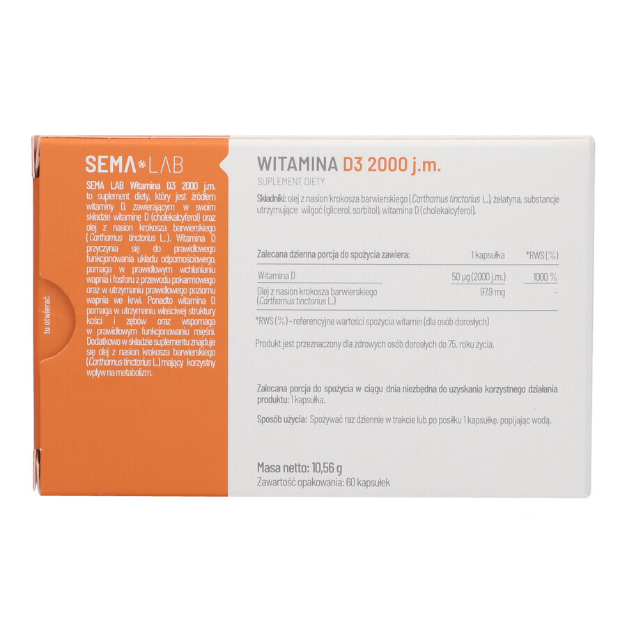 SEMA Lab Vitamin D3 2000 IU, 60 softgels, 60 softgels BOX IN BOX