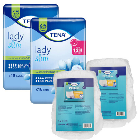 Set Tena Lady Slim, prosoape sanitare specializate, Extra Plus, 2 x 16 buc + ProSkin Pants Chiloți absorbanți normali, mărimea M și L, 2 mostre