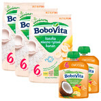 BoboVita Set Porridge au lait et au riz, banane, sans gluten, après 6 mois, 3 x 230 g + Mousse en tube, banane avec mangue et noix de coco, 2 x 80 g gratuit