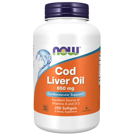 Now Foods Cod Liver Oil, ulei de ficat de cod, 250 capsule softgel