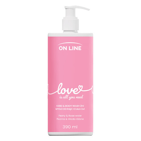 On Line Love, jabón líquido 2 en 1 para manos y cuerpo, peonía y agua de rosas, 390 ml