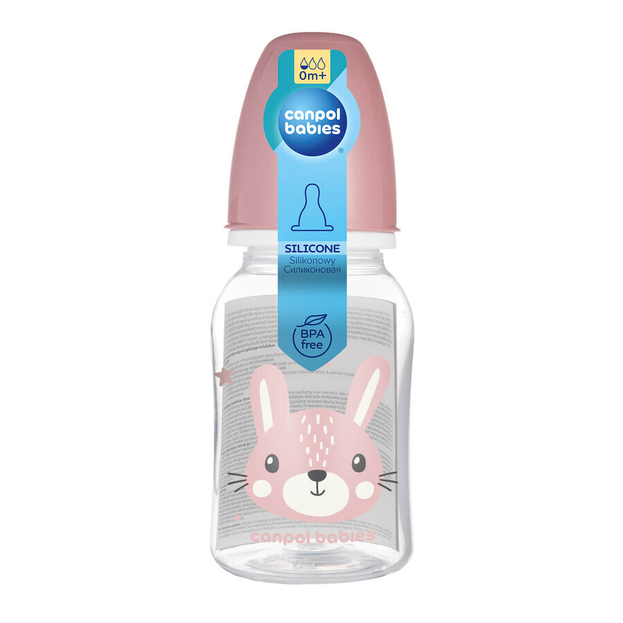 Canpol Babies, thin bottle, Cute animals, pink, from birth, 120 ml