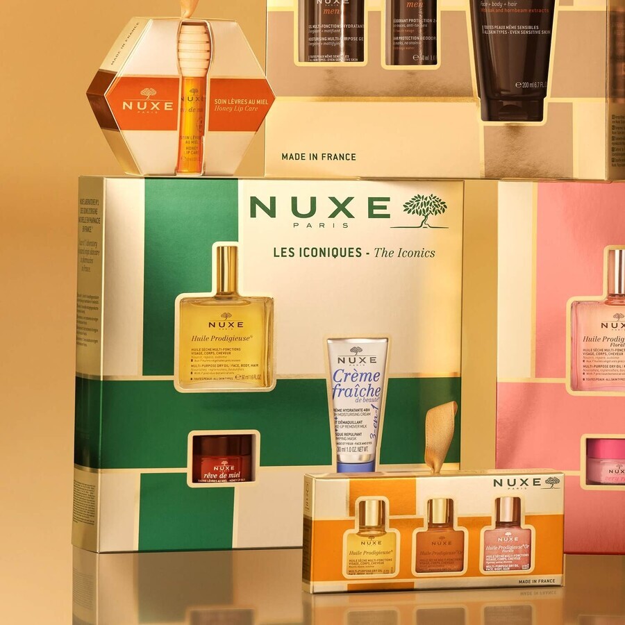 Nuxe Bestsellers set Huile Prodigieuse, ulei uscat, 50 ml + balsam de buze hrănitor, 15 g + cremă hidratantă 3 în 1, 100 ml