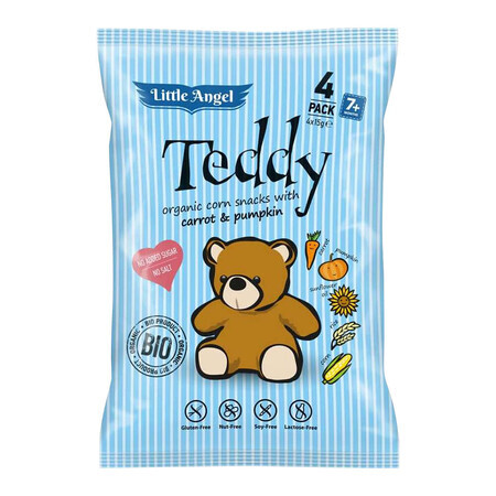 Little Angel Teddy Corn Crisps Bio, Karotte und Kürbis, ab 7 Monaten, 4 x 15 g