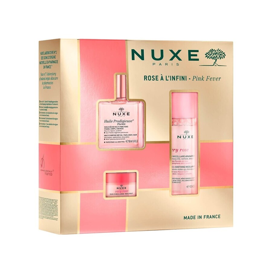 Nuxe Bestsellers set Huile Prodigieuse Florale, ulei uscat, 50 ml + apă micelară calmantă 3 în 1, 100 ml + balsam de buze cu trandafiri, 15 g