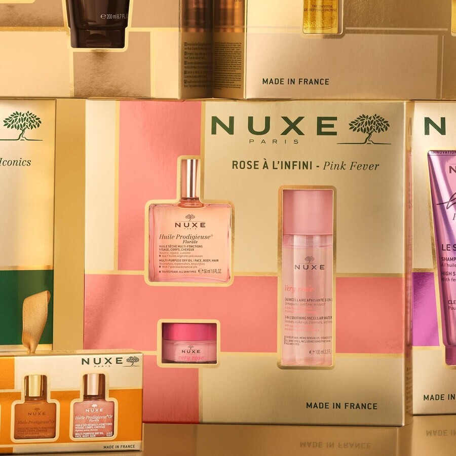 Nuxe Bestsellers set Huile Prodigieuse Florale, ulei uscat, 50 ml + apă micelară calmantă 3 în 1, 100 ml + balsam de buze cu trandafiri, 15 g