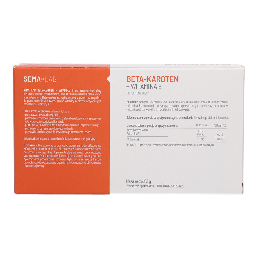 SEMA Lab Bêta-carotène + vitamine E, 60 softgels