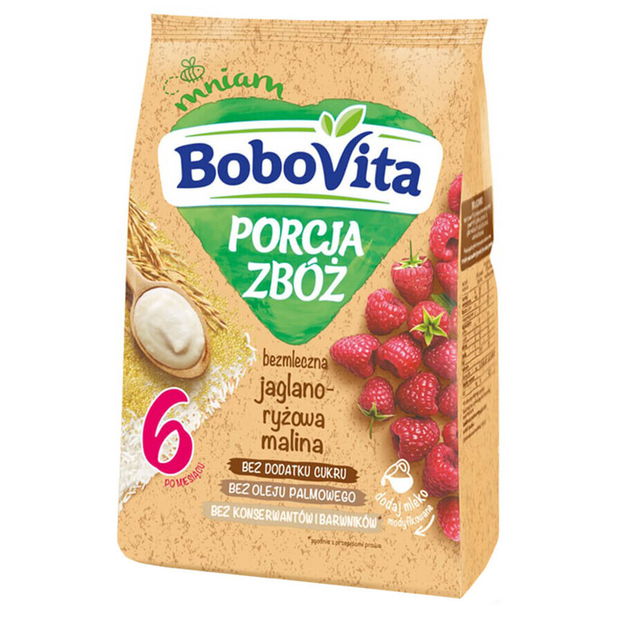 BoboVita Porcja Zbóż terci, zmeură, fără lapte, fără zahăr adăugat, după 6 luni, 3 x 170 g + mousse în tub, banană cu mango și nucă de cocos, 2 x 80 g gratuit