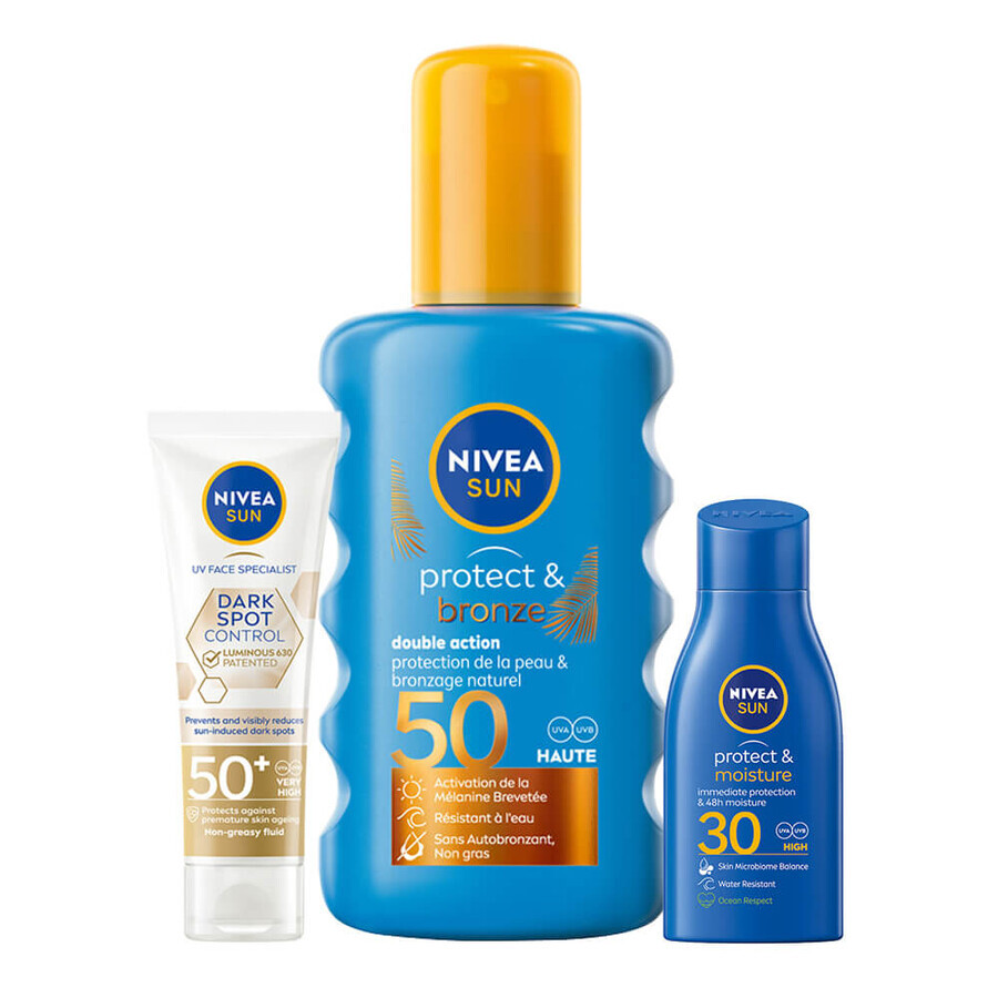 Nivea Sun Luminous 630 set, crème solaire liquide pour le visage, SPF 50+, 50 ml + lotion bronzante en spray, SPF 50, 200 ml + lotion bronzante, SPF 30, 30 ml gratuit