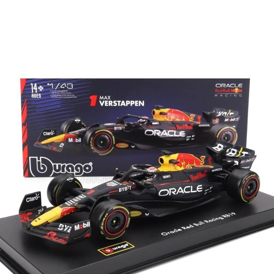 Macheta masinuta Oracle Red Bull Racing RB19 cu casca Max Verstapen, +14 ani, 1:43, Bburago