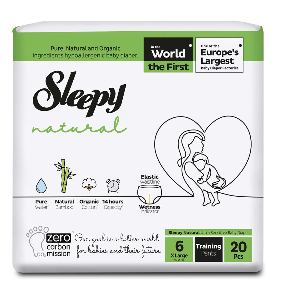 Nappies for babies Natural, Nr 6 X Large, 15-25 kg, 20 pieces, Sleepy