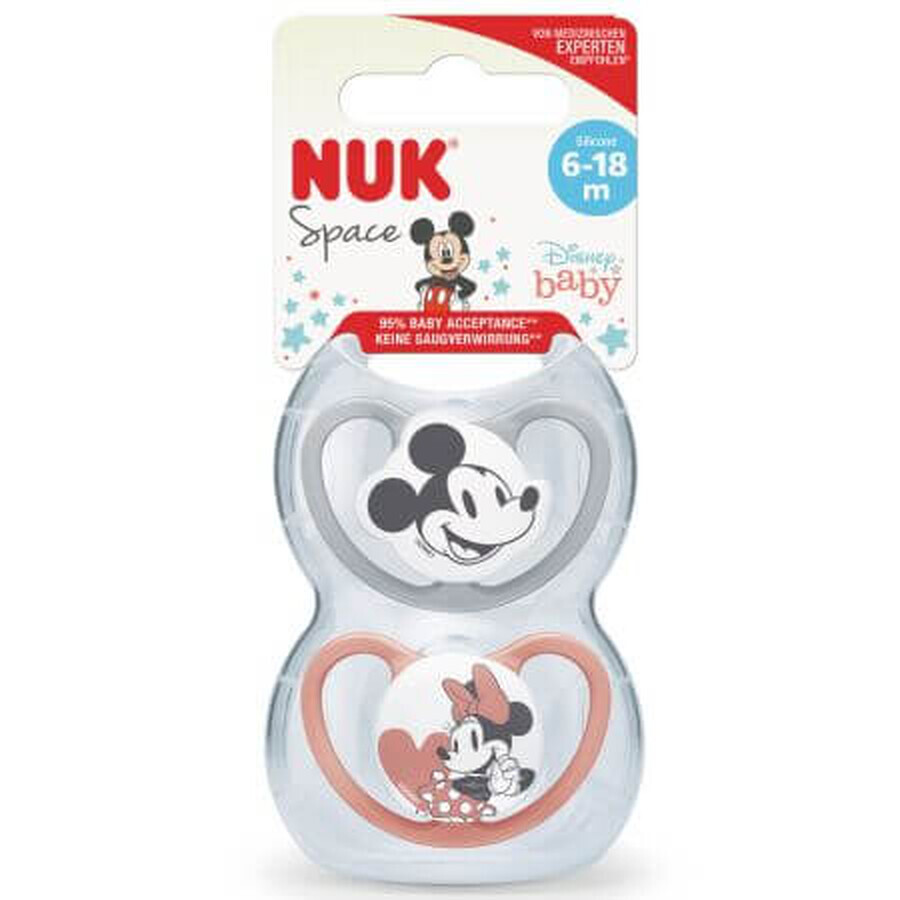 Set van 2 fopspenen met siliconenspeen Disney Space, 6-18 maanden, Mickey Mouse, Grey&Roz of Grey&Alb, Nuk