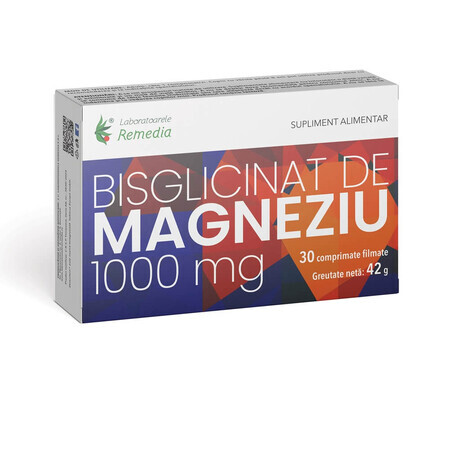 Bisglicinat de magneziu, 1000 mg, 30 comprimate, Laboratoarele Remedia