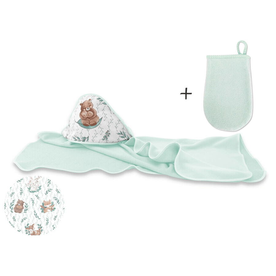 Set toalla con capucha 100x100 cm + manopla de baño 12 x 21 cm para bebés, Lulu Natural, Miminu