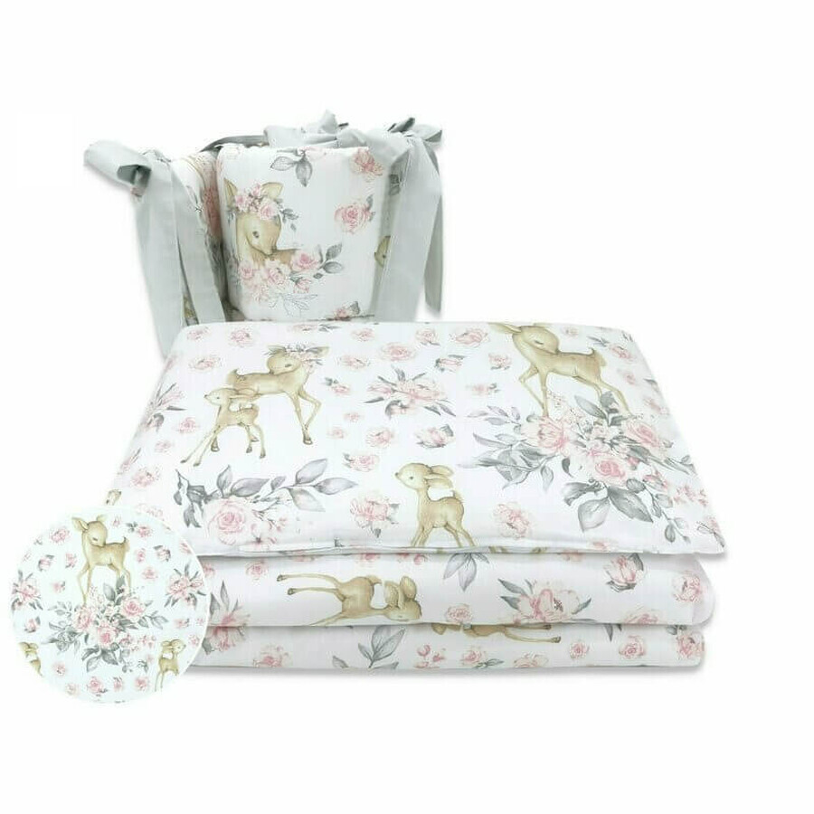 Set lenjerie pentru patut cu 5 piese, Sweet Deer Pink, 120x60 cm, MimiNu