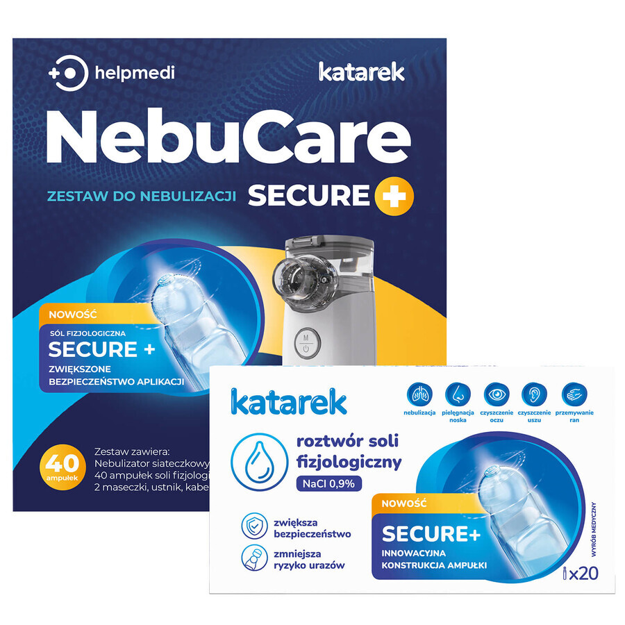 NebuCare Secure+, set di nebulizzazione, nebulizzatore a rete NE-M01L + soluzione fisiologica 0,9% NaCl, 5 ml x 40 fiale