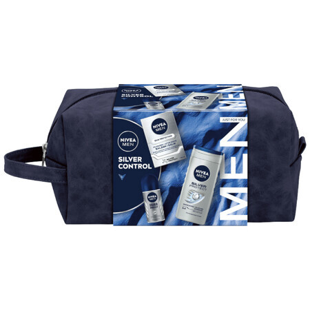 Nivea Men Silver Control kit, balsamo dopobarba 100 ml + gel doccia 250 ml + roll-on antitraspirante 50 ml + kit make-up in omaggio