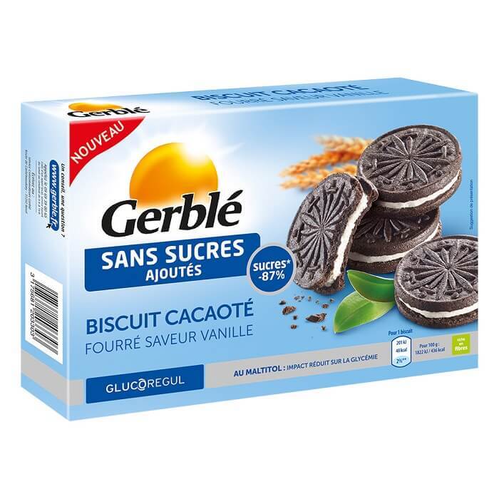 Biscuiți cu cacao umpluți cu cremă de vanilie fără zahăr adăugat, 176 g, Gerble