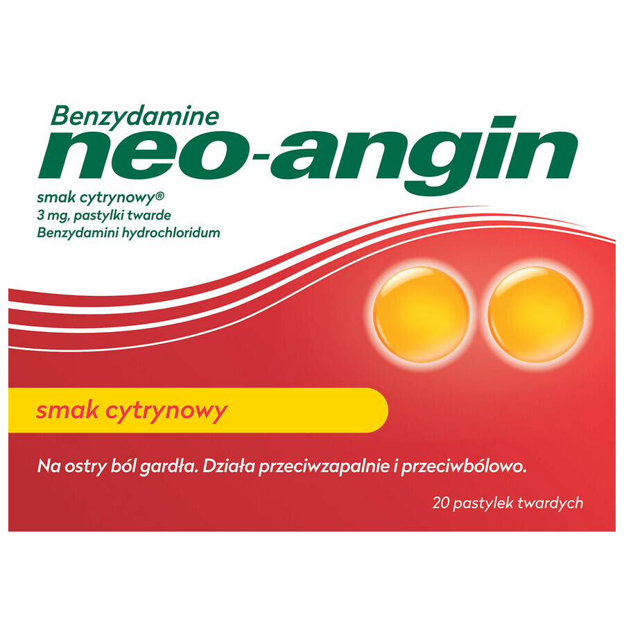 Benzidamină neo-angin 3 mg, aromă de lămâie, 20 pastile tari